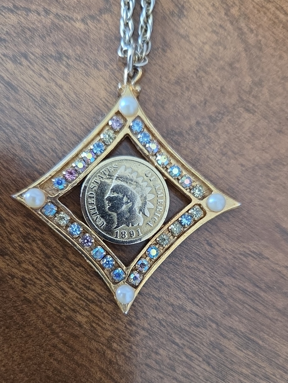 Gold-Tone Multi-Colored Crystal & Pearl Pendant Necklace With 1891 Indian Penny